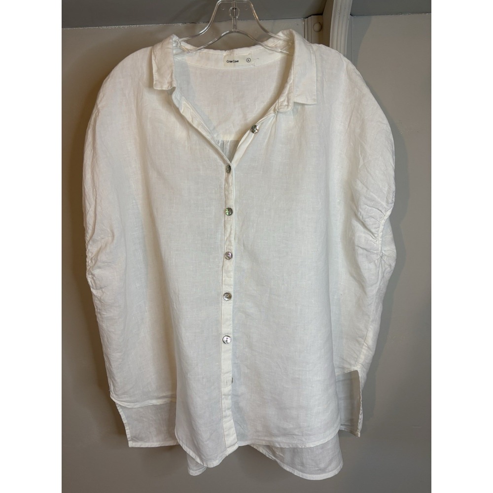 GRAE COVE White Linen Boxy Oversized L Button Up Blouse Lagenlook